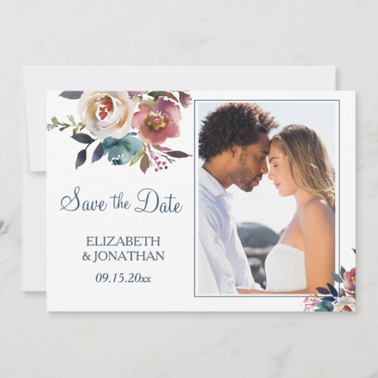 Foto van Formele Stusty Blue Wine Burgundy Floral Save The Date (Voorkant)