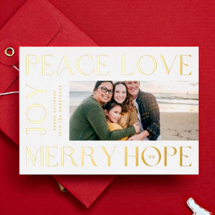 foto van Funky Gold Letters MERRY JOY PEACE LOVE Folie Feestdagenkaart