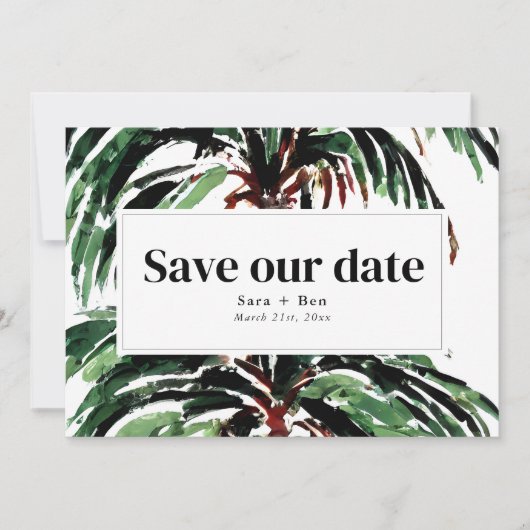 Foto van geschilderde palm Trees Beach Wedding Save The Date (Voorkant)