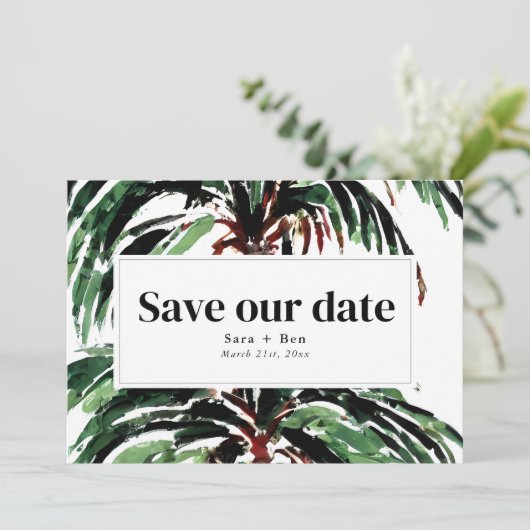 Foto van geschilderde palm Trees Beach Wedding Save The Date (Staand voorkant)
