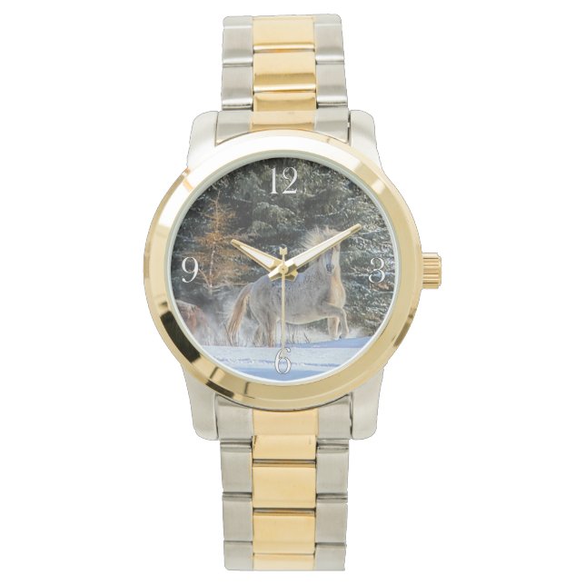 Foto van gespiriteerde witte paarden en sneeuwpaar horloge (Voorkant)