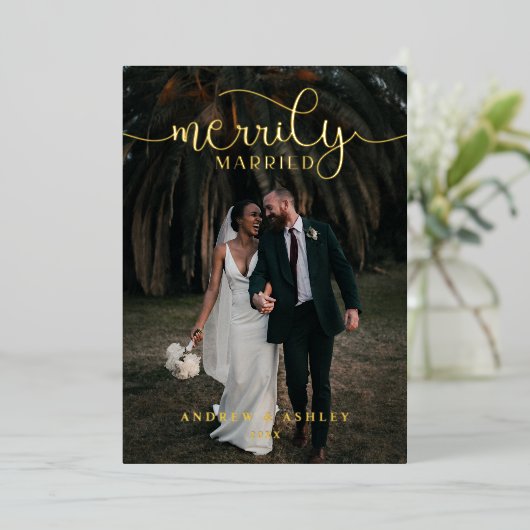 Foto van gewoon gehuwde Elegant Script Passen getr Folie Feestdagenkaart (Staand Voorkant)