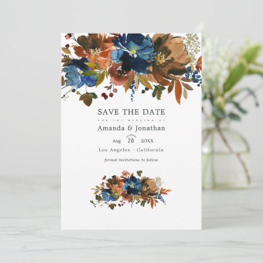 Foto van Ginger en Navy Floral Wedding Save The Date (Staand voorkant)
