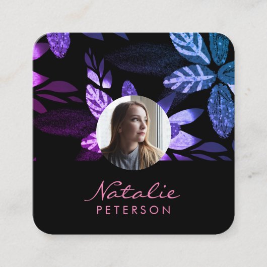 Foto van Girly Pink en Paars Botanical Script Vierkante Visitekaartje (Voorkant)