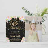 Foto van Glitter Black Princess Birthday Kaart (Staand voorkant)