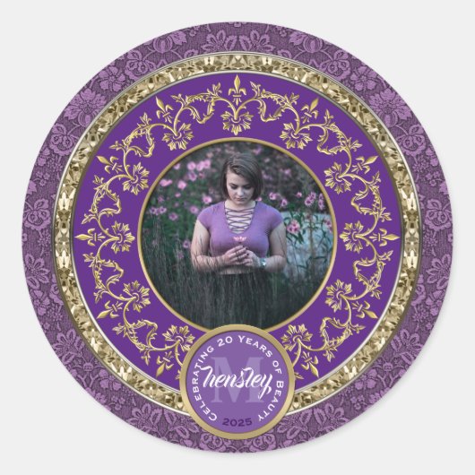 Foto van Gold Classic Damask Commemorative Purple Ronde Sticker (Voorkant)