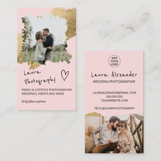 Foto van gouden bruiloft roze floral 2 visitekaartje (Voorkant / Achterkant)