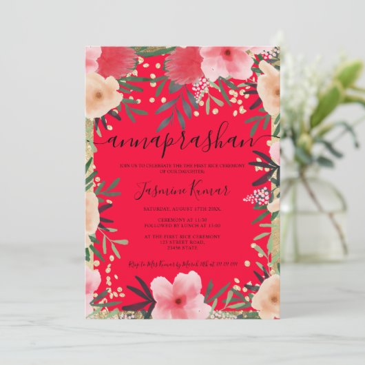 Foto van goudroze waterverf Annaprashan Kaart (Staand voorkant)