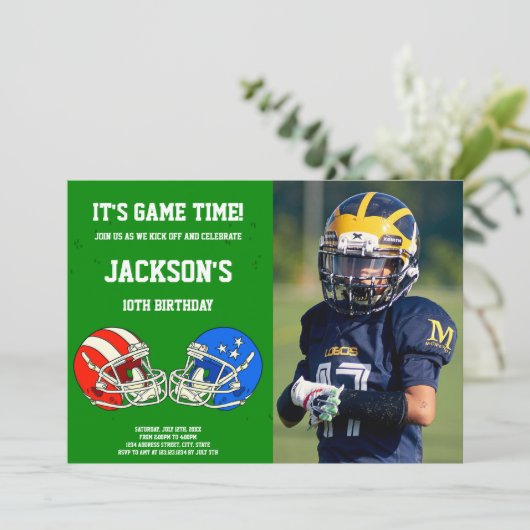Foto van Green Blue Football Birthday Invitations Kaart (Staand voorkant)