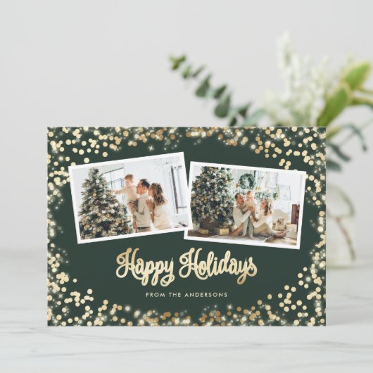 Foto van Green Twinkle Lights Stars Feestdagenkaart (Staand voorkant)