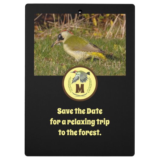 Foto van Green Woodpecker Flying Monogram Klembord (Achterkant)