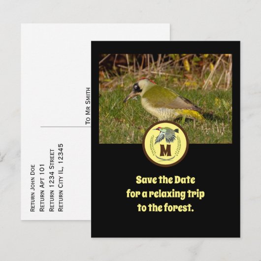 Foto van Green Woodpecker Flying Monogram Uitnodiging Briefkaart (Voorkant / Achterkant)