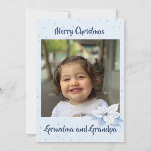 Foto van grootouders Kerstmis Blauw Bloemmotief Feestdagenkaart (Voorkant)