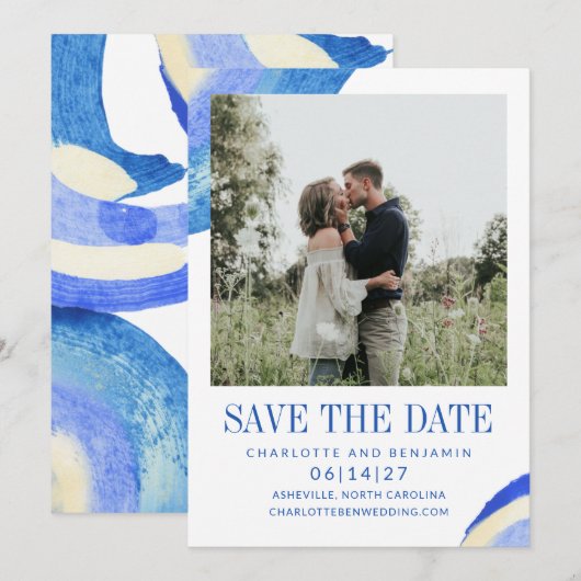 Foto van hedendaagse Abstracte blauwe verf Save The Date (Voorkant / Achterkant)