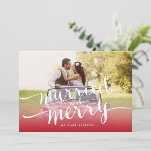 Foto van het eerste kerstfeest met huwelijk en vro feestdagenkaart (Staand voorkant)