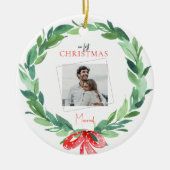 Foto van het eerste kerstfeest met pardon keramisch ornament (Voorkant)