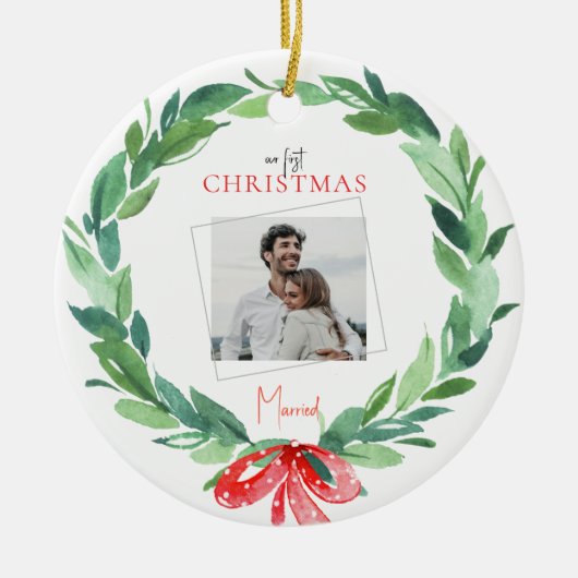 Foto van het eerste kerstfeest met pardon keramisch ornament (Voorkant)