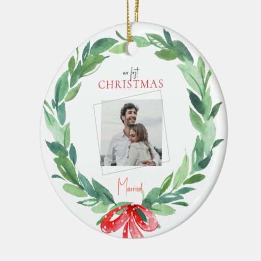 Foto van het eerste kerstfeest met pardon keramisch ornament (Links)