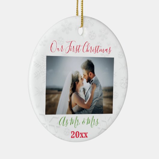 Foto van het eerste kerstfeest met pardon keramisch ornament (Rechts)