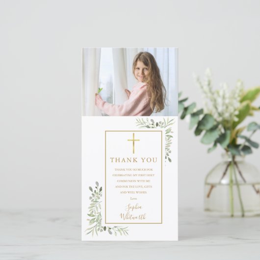 Foto van het groen Eerste Heilige Communie Bedankkaart (Staand voorkant)