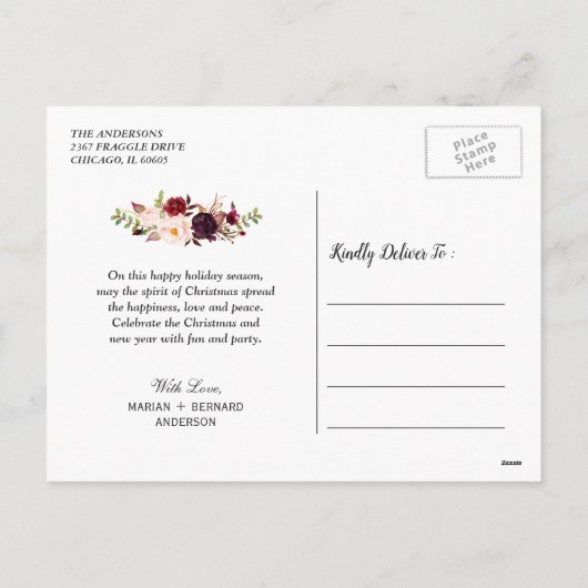 Foto van het huwelijk en Merry Burgundy Floral Hol Feestdagenkaart (Achterkant)