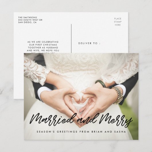 Foto van het huwelijk en van de prettige kerst briefkaart (Voorkant / Achterkant)