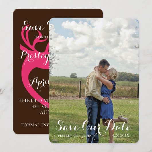 Foto van het landelijke trouwe Heart Deer Love Wed Save The Date (Voorkant / Achterkant)