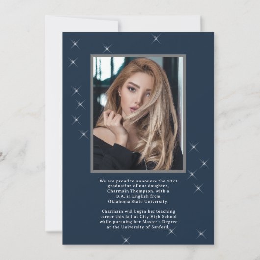 Foto van het marinenblauw Afstuderen met mousseren Aankondiging (Achterkant)