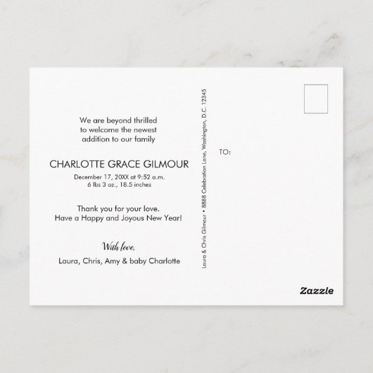 Foto van het moderne nieuwe jaar roze babymeisje briefkaart (Achterkant)