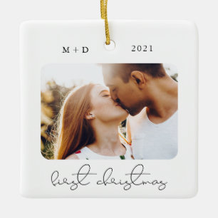 Foto van het moderne script elegant Verloving Wedd Keramisch Ornament