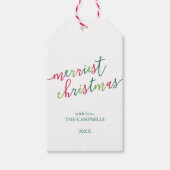 Foto van het moderne script "Merriest Kerstmis" Cadeaulabel (Voorkant)