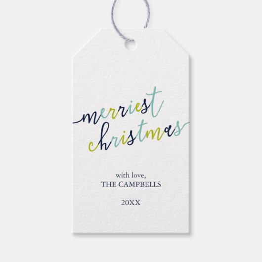 Foto van het moderne script "Merriest Kerstmis" Cadeaulabel (Voorkant)