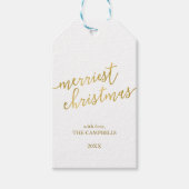 Foto van het moderne script "Merriest Kerstmis" Cadeaulabel (Voorkant)