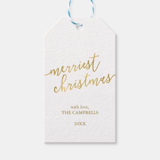 Foto van het moderne script "Merriest Kerstmis" Cadeaulabel (Voorkant)