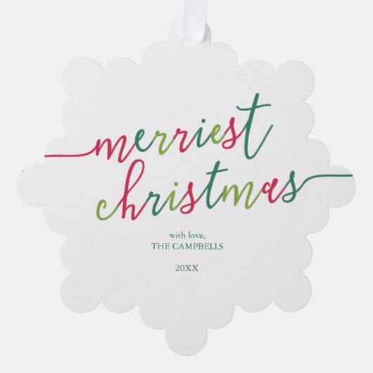 Foto van het moderne script "Merriest Kerstmis" Ornament Kaart (Voorkant)