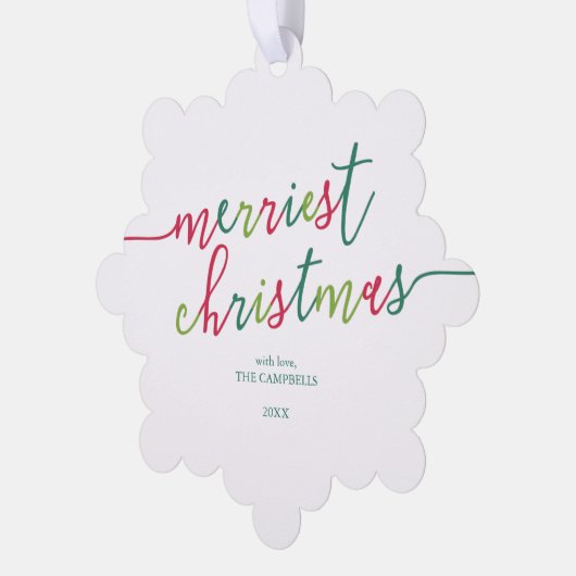 Foto van het moderne script "Merriest Kerstmis" Ornament Kaart (Links)