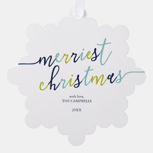 Foto van het moderne script "Merriest Kerstmis" Ornament Kaart (Voorkant)
