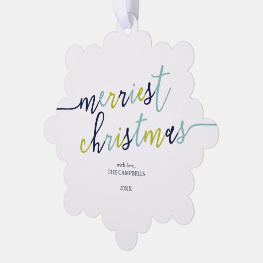 Foto van het moderne script "Merriest Kerstmis" Ornament Kaart (Links)