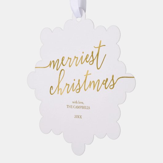 Foto van het moderne script "Merriest Kerstmis" Ornament Kaart (Links)