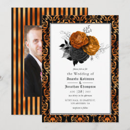 Foto van het zwarte en Oranje Floral Gothic Weddin Kaart