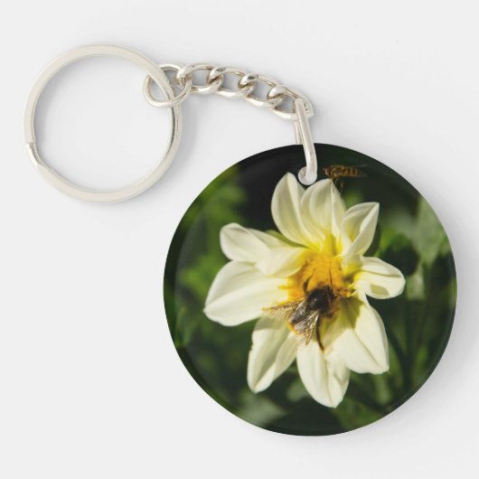 Foto van hommel en witte dahlia sleutelhanger (Voorkant)