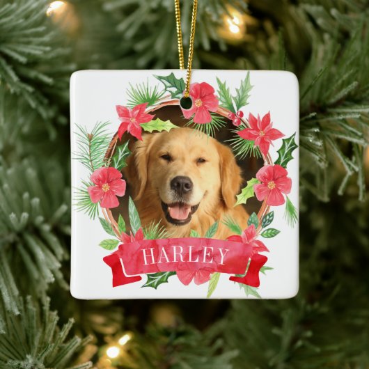 Foto van hond met bloemkrans keramisch ornament (Boom)