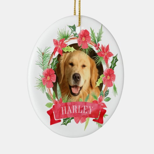 Foto van hond met bloemslkrans keramisch ornament (Rechts)