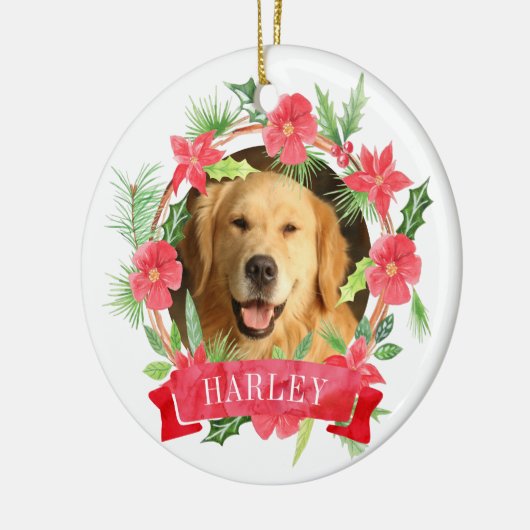 Foto van hond met bloemslkrans keramisch ornament (Links)