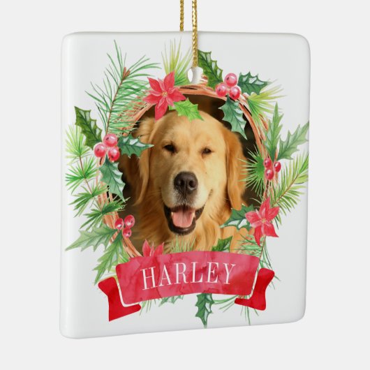 Foto van hond met hulstkrans keramisch ornament (Rechts)