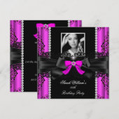 Foto van hot-roze zwarte kant Birthday Party Kaart (Voorkant / Achterkant)