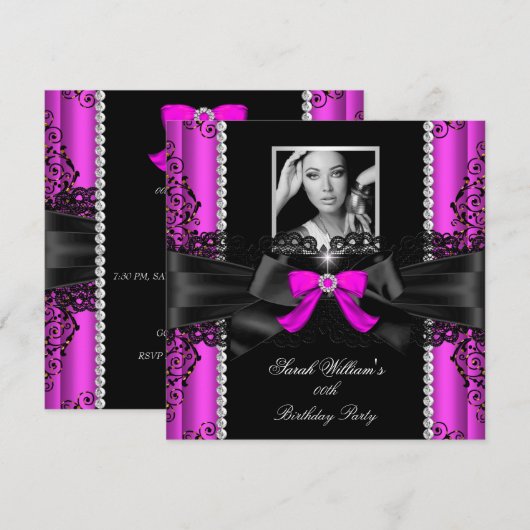 Foto van hot-roze zwarte kant Birthday Party Kaart (Voorkant / Achterkant)
