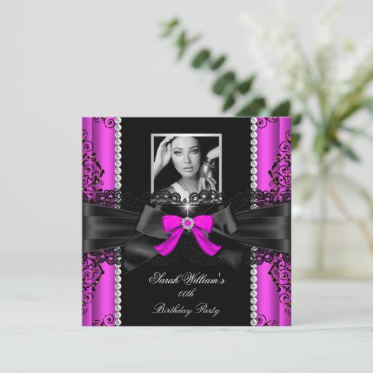 Foto van hot-roze zwarte kant Birthday Party Kaart (Staand voorkant)