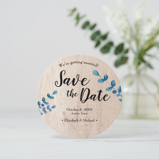 Foto van hout en eucalyptus Verloving Sla datum op Kaart (Staand voorkant)