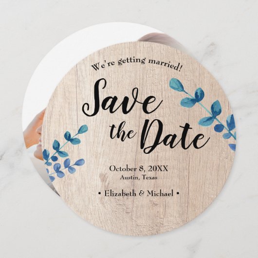 Foto van hout en eucalyptus Verloving Sla datum op Kaart (Voorkant / Achterkant)
